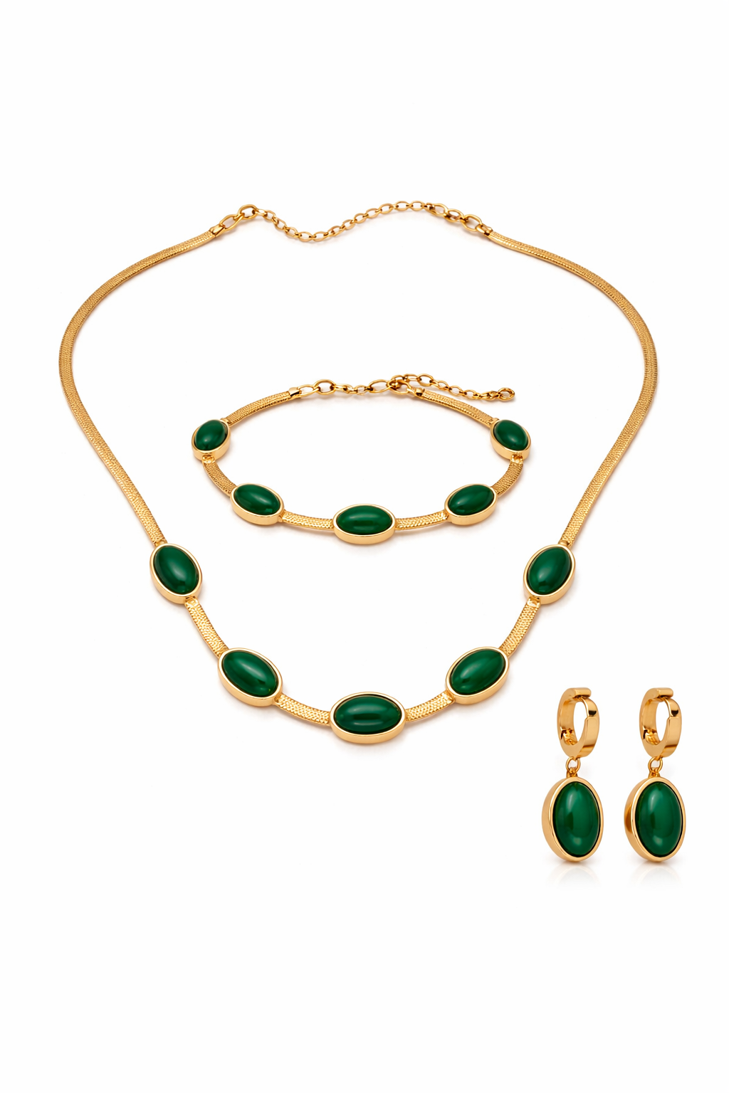 Oval Green Crystal Pendant Necklace Set With Bracelet