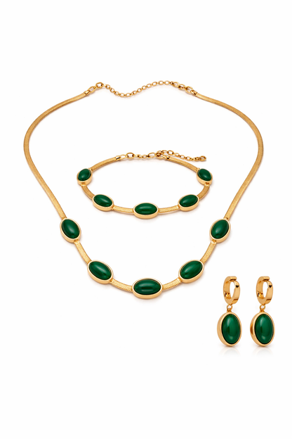 Oval Green Crystal Pendant Necklace Set With Bracelet