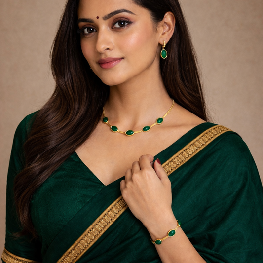 Oval Green Crystal Pendant Necklace Set With Bracelet